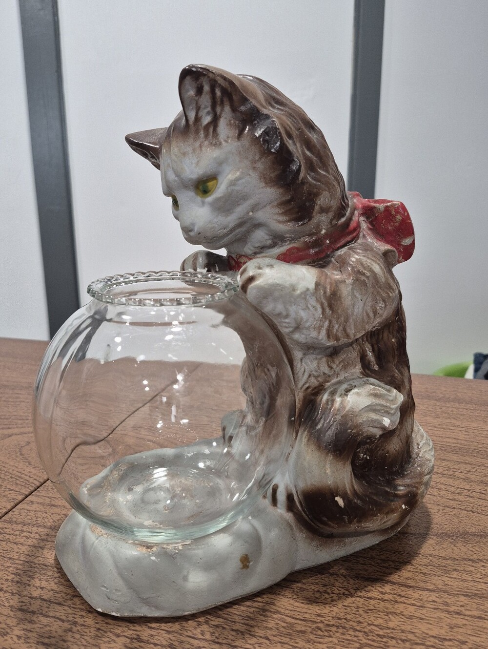 RARE! Large Vintage Chalkware Cat With Fishbowl